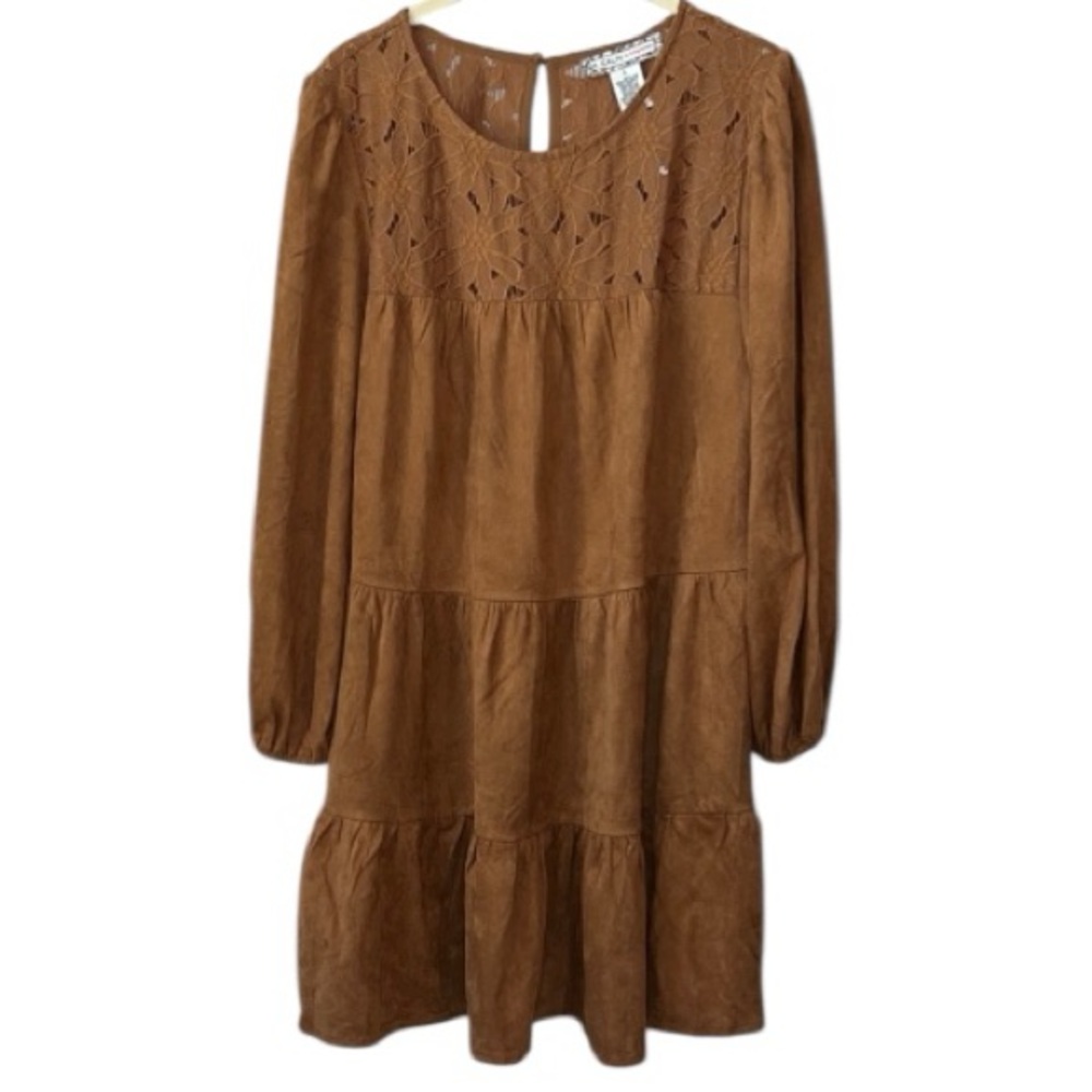Flying Tomato Faux Suede Chestnut Brown Long Sleeve Tiered Mini Dress Size L